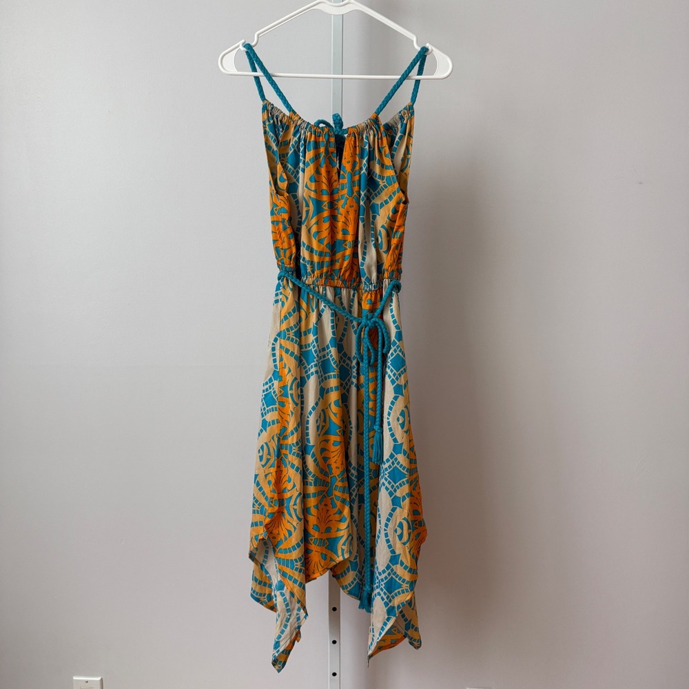 Route 66 S Blue‎ Orange Sundress Braided Straps Handkerchief Hem Boho Festival